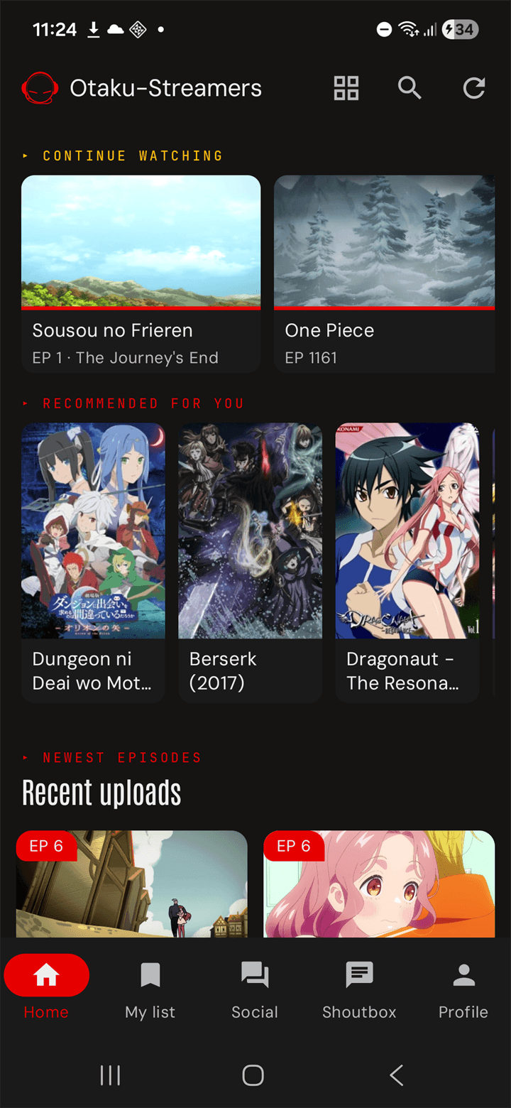 Home tab — Continue Watching, Recommended, Recent uploads