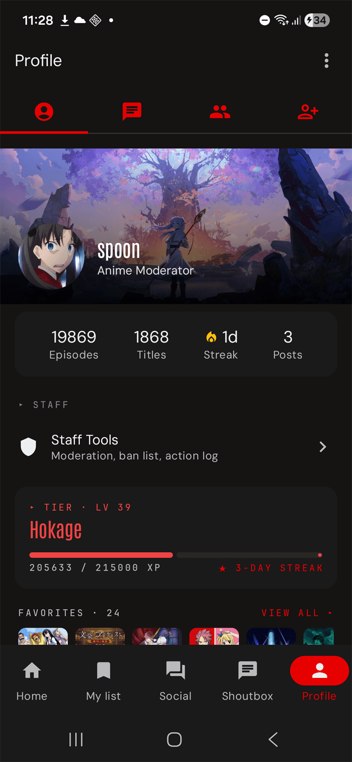 Profile with cover, stats, XP