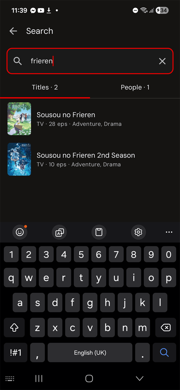 Search results — Titles · 2 / People · 1 tabs with Sousou no Frieren matches