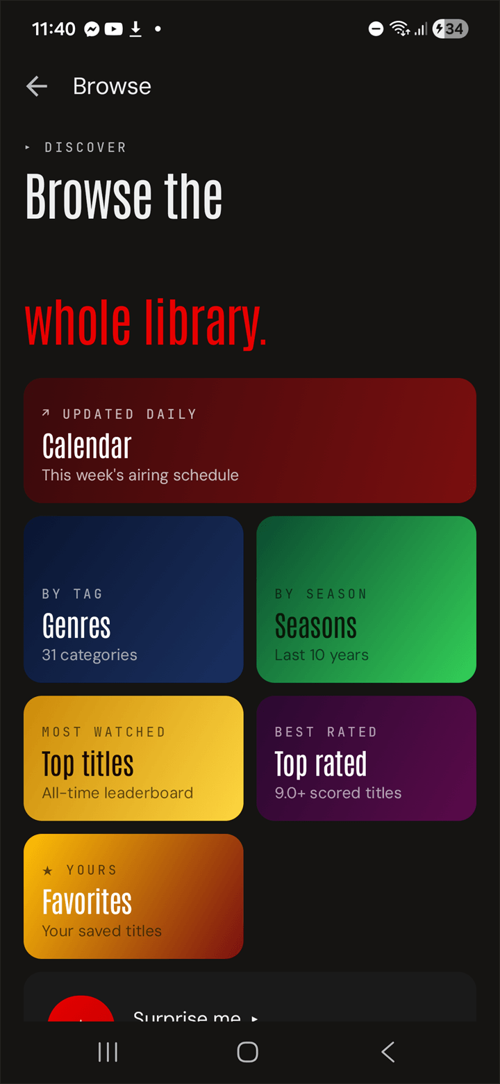 Browse hub — Calendar, Genres, Seasons, Top titles, Top rated, Favorites, Surprise me