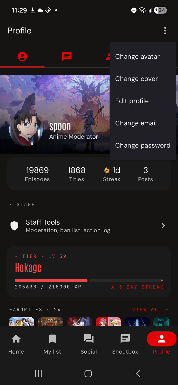 Profile kebab menu — Change avatar, Change cover, Edit profile, Change email, Change password