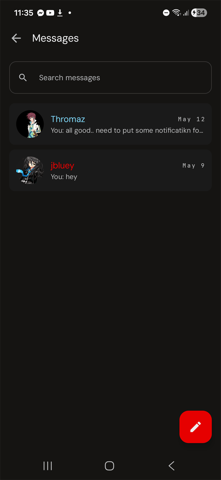 Direct Messages inbox with search and pencil FAB