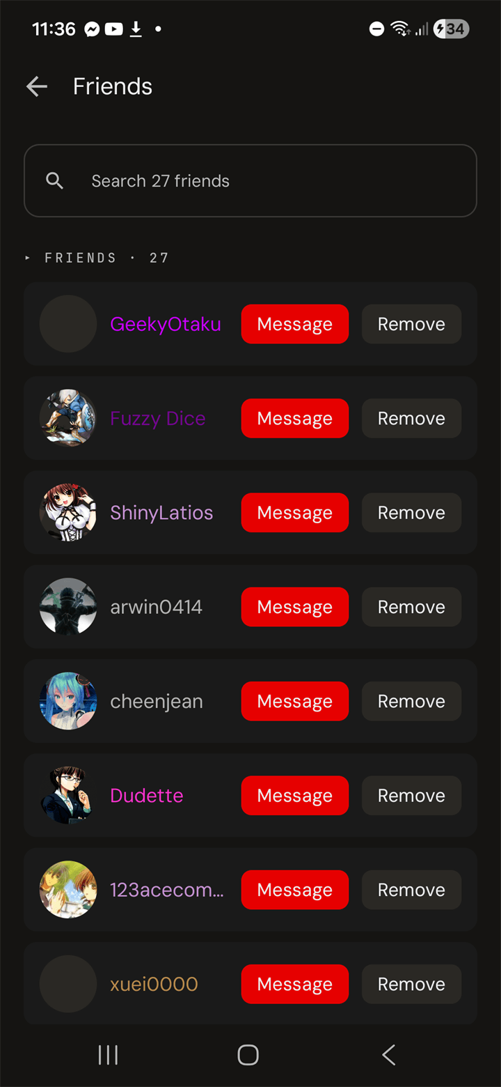 Friends list with Message / Remove buttons per row