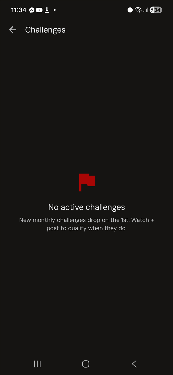 Challenges screen — empty-state flag with 'new challenges drop on the 1st'