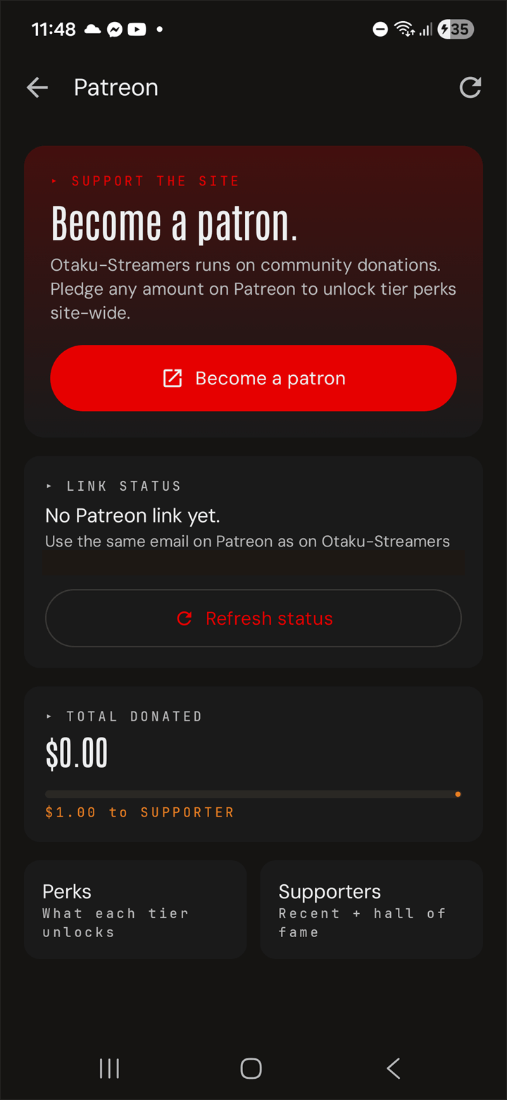 Patreon screen — Become a patron, link status, Total donated bar, Perks + Supporters tiles