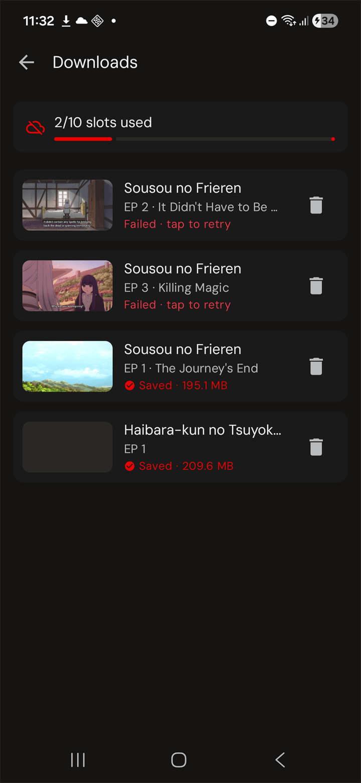 Downloads screen — 2 of 10 slots used with saved episodes ready to play