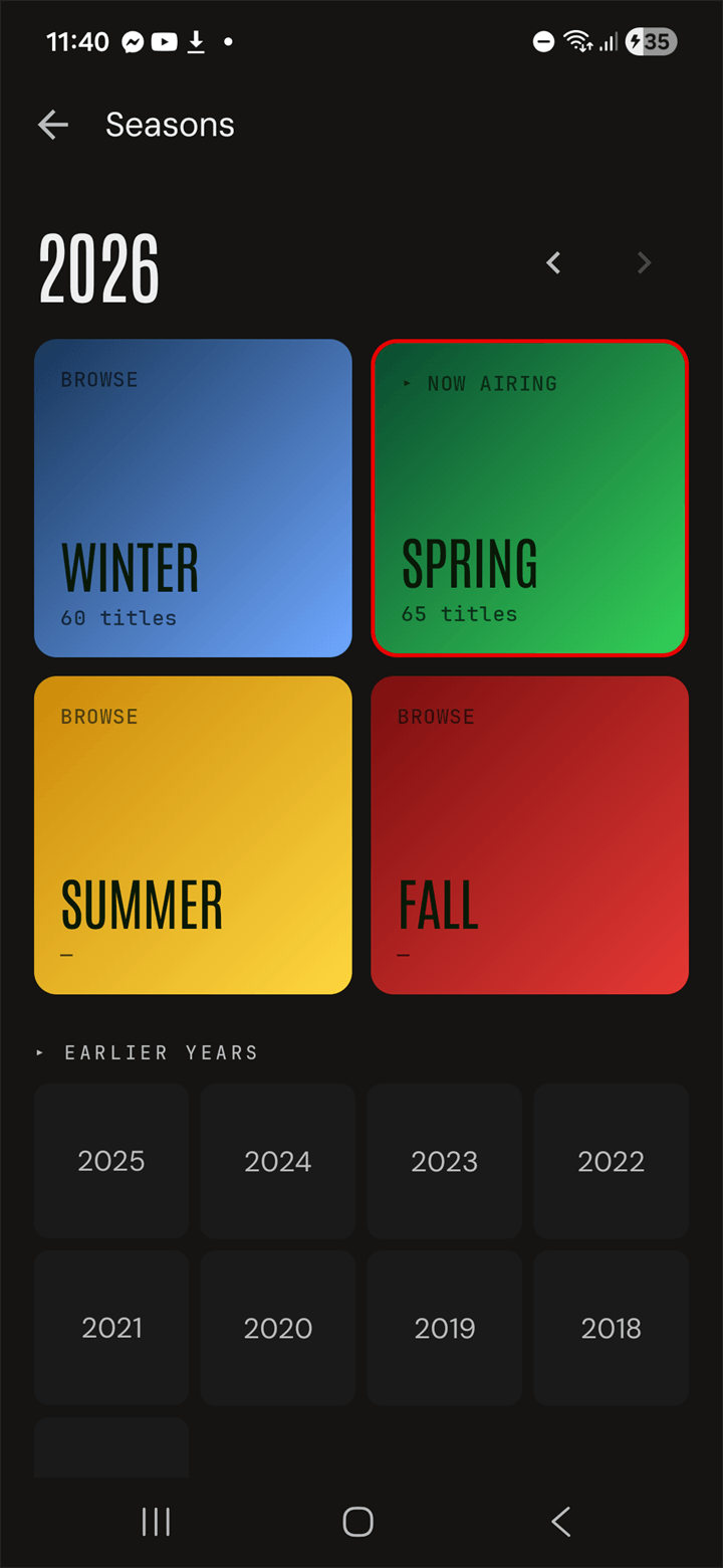 Seasons — 2026 Winter/Spring/Summer/Fall tiles plus earlier years grid