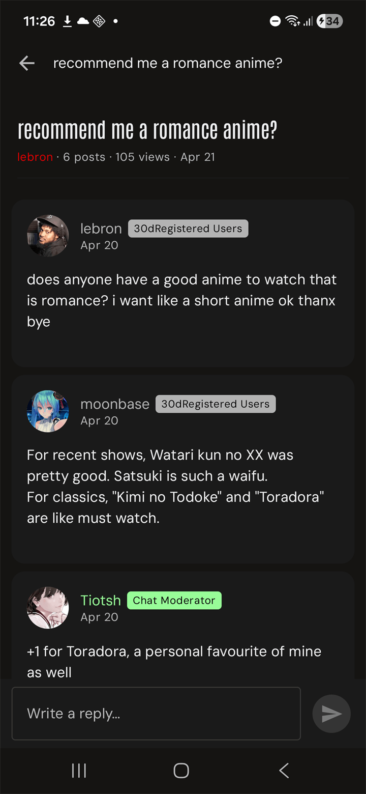 Open thread detail — recommend me a romance anime with replies from real members