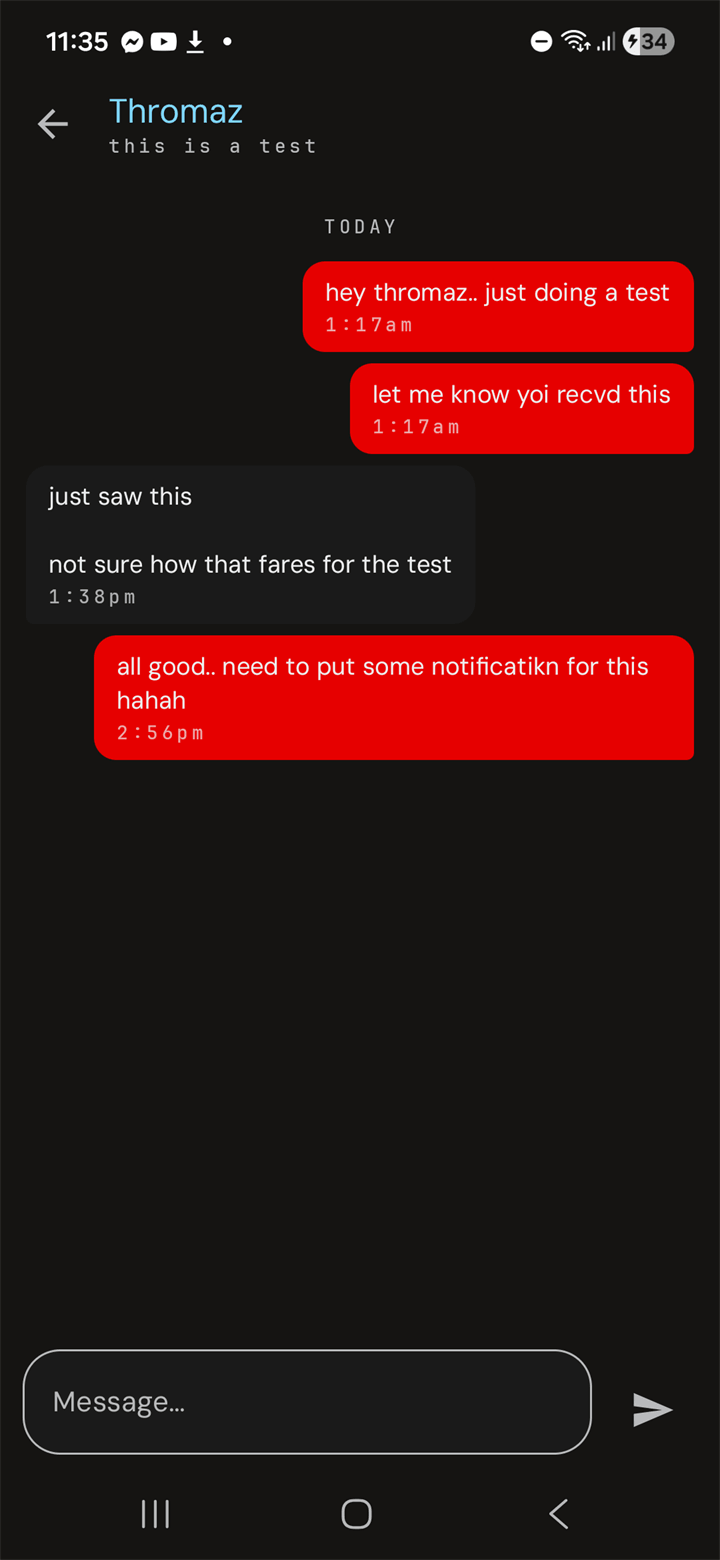Open DM thread — red sent bubbles, gray received, day separators