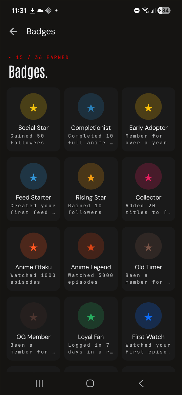 Badges showcase — 15 of 36 earned, star icons grid with descriptions