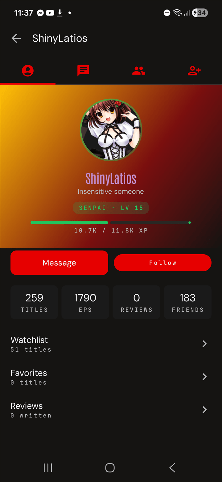 Member view — ShinyLatios profile with tier, stats, Message / Follow, Watchlist / Favorites / Reviews tabs